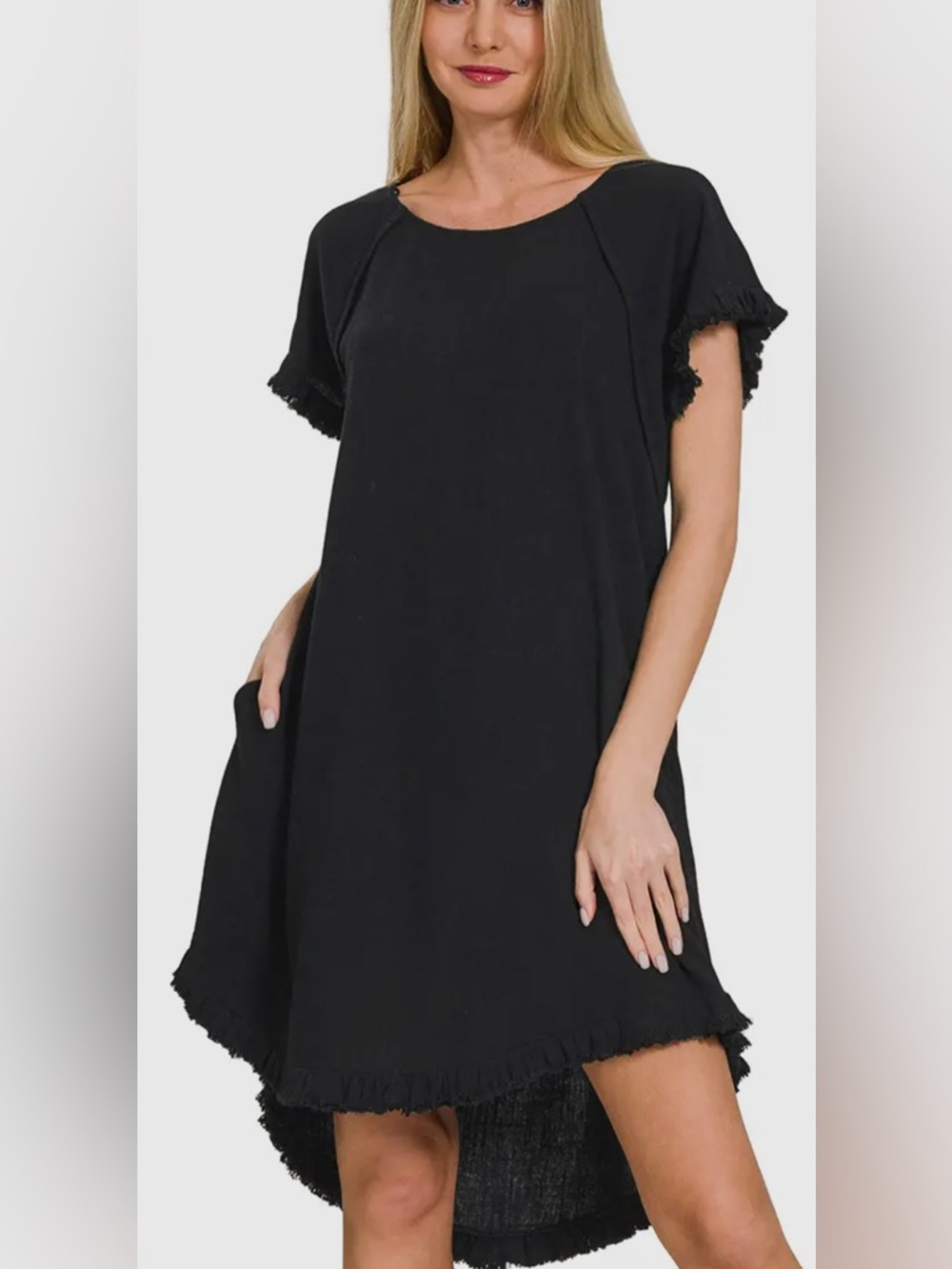 Black Short Sleeve Fringe Hem Swing Dress